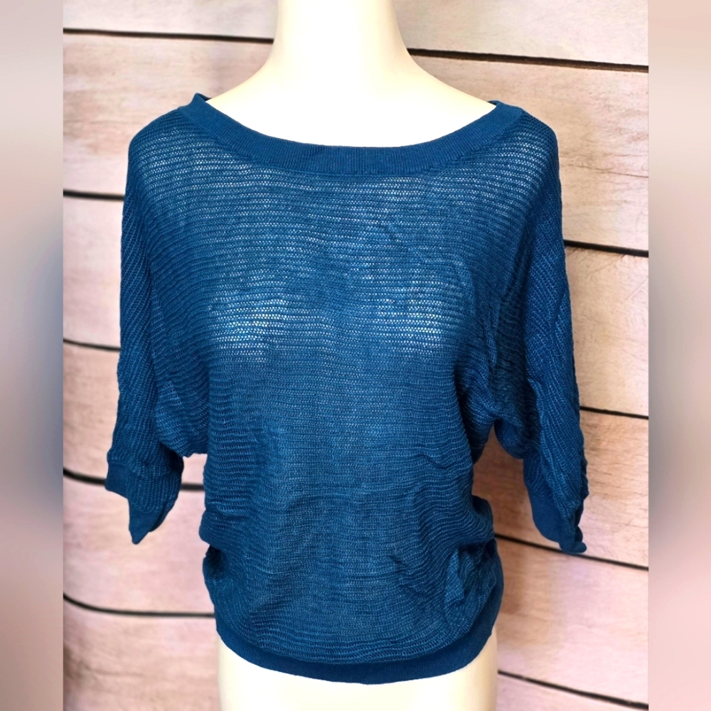 Blue sheer dolman sleeve sweater